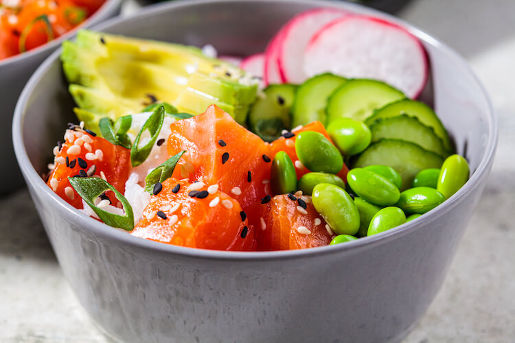 A selection of healthy, sustainable catering options including vegan poke bowls served on a private West End on the Thames vessel.