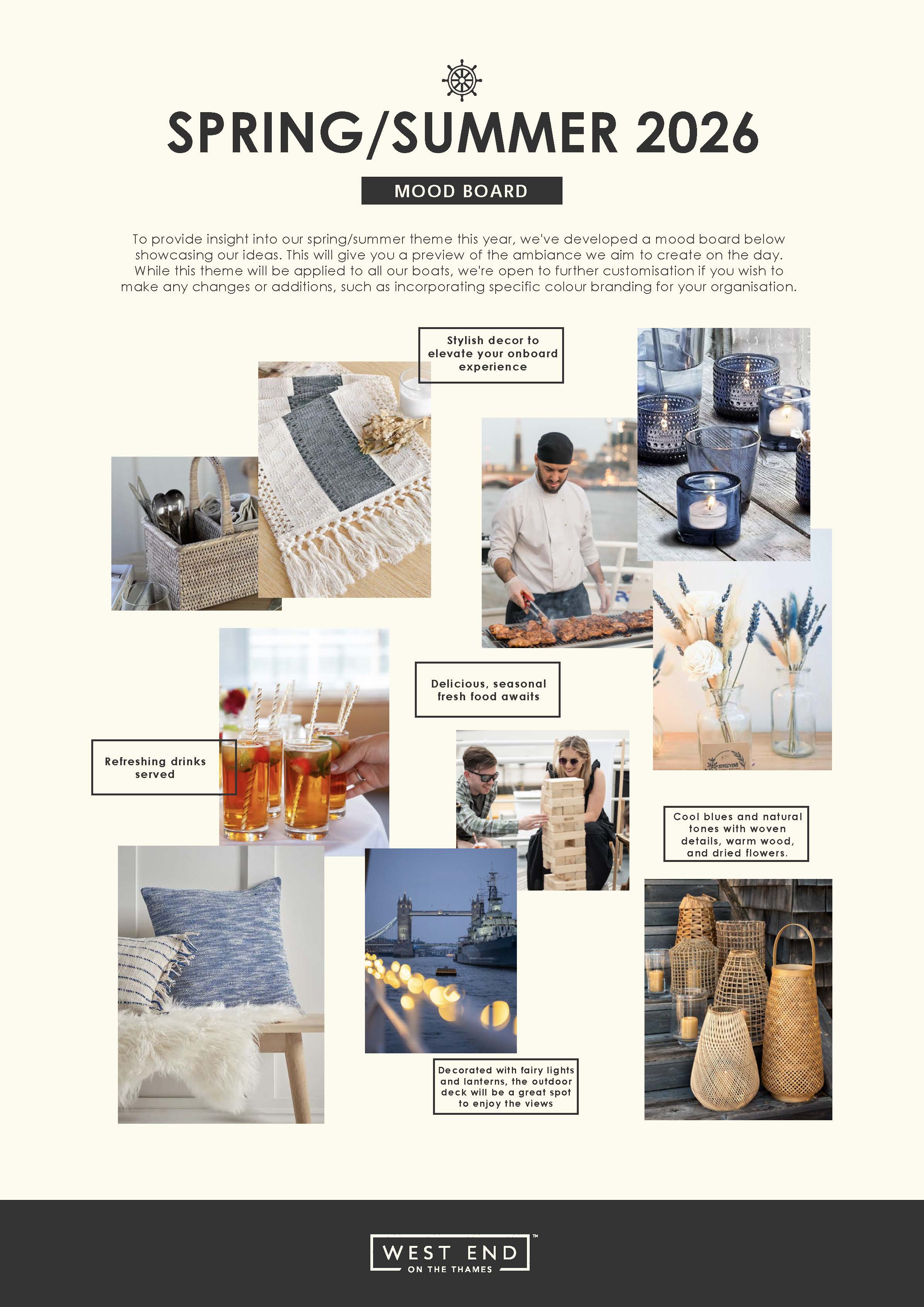 A curated mood board showcasing our 2026 summer theme, including woven textures, dried flowers, and deck games like Giant Jenga.  